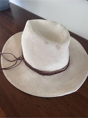 Straw Fedora Hat with Braided Brown Band - Cream